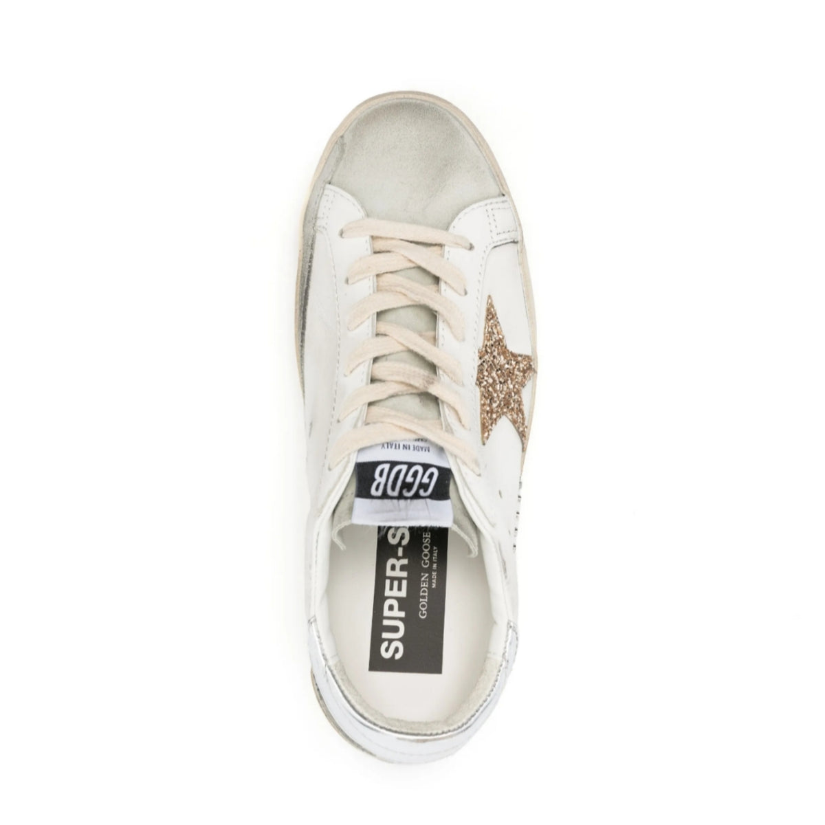 Golden Goose Women's Super-Star with gold glitter star and ice-gray suede inserts