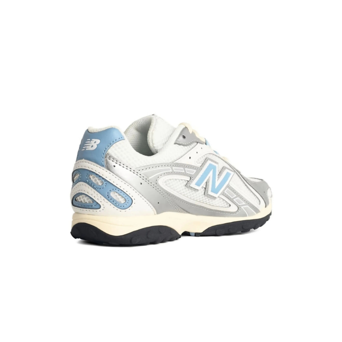 New Balance 204L sneaker in the silver metallic and sky blue colorway, highlighted by its distinctive bright blue