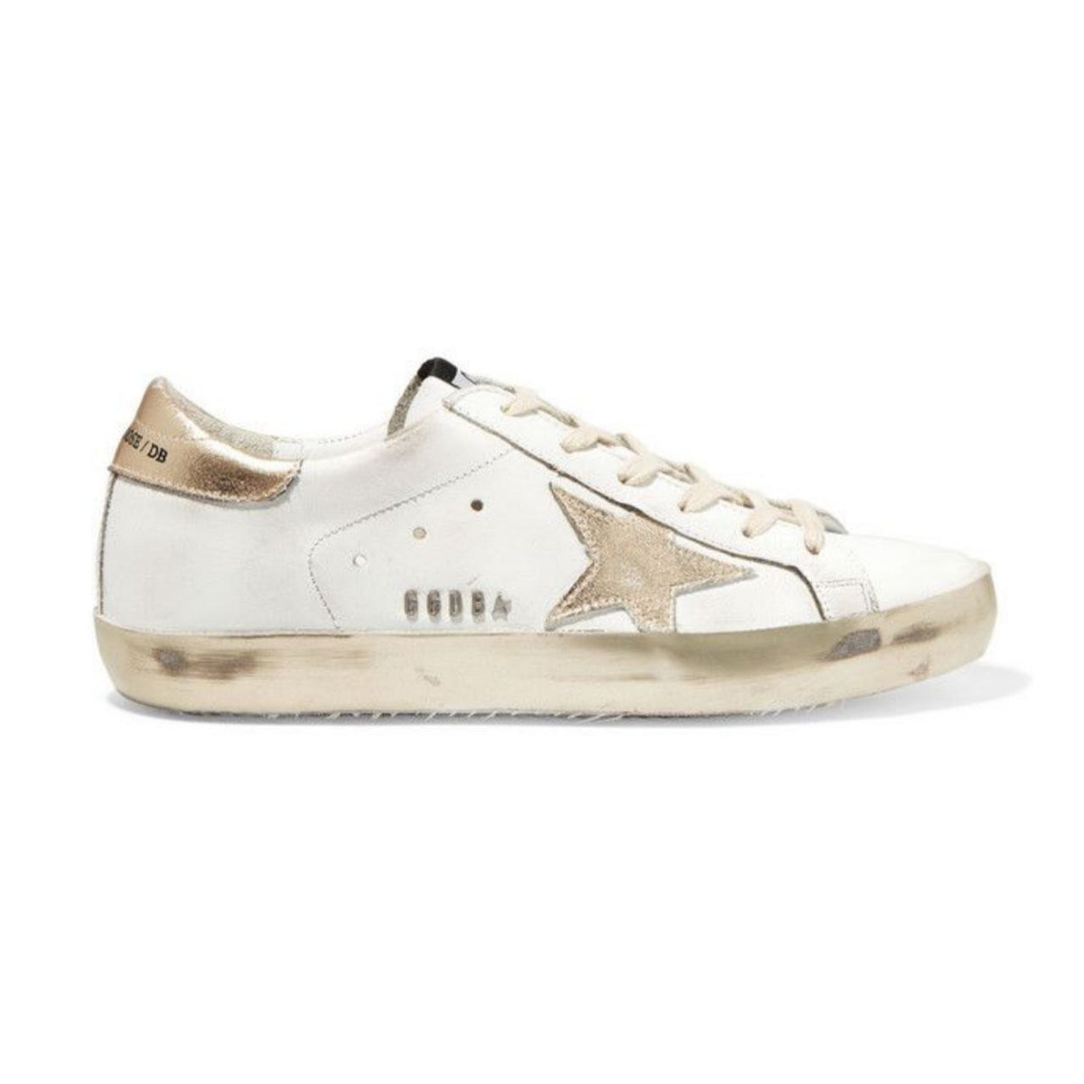 Golden Goose Women's Super-Star with gold sparkle foxing and metal stud lettering