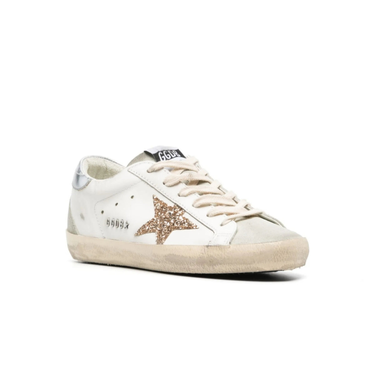 Golden Goose Women's Super-Star with gold glitter star and ice-gray suede inserts