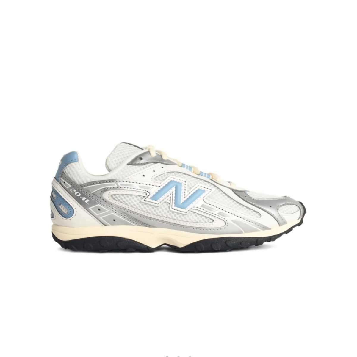 New Balance 204L sneaker in the silver metallic and sky blue colorway, highlighted by its distinctive bright blue