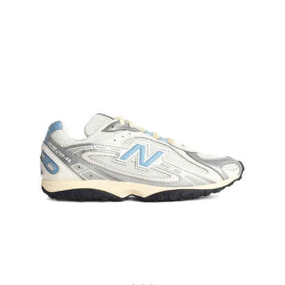 New Balance 204L sneaker in the silver metallic and sky blue colorway, highlighted by its distinctive bright blue
