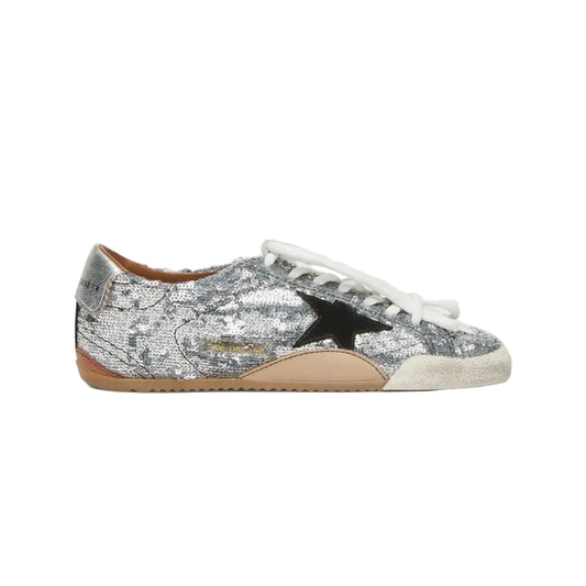 Golden Goose woman's True-Star in silver sequins with black star and silver leather heel tab