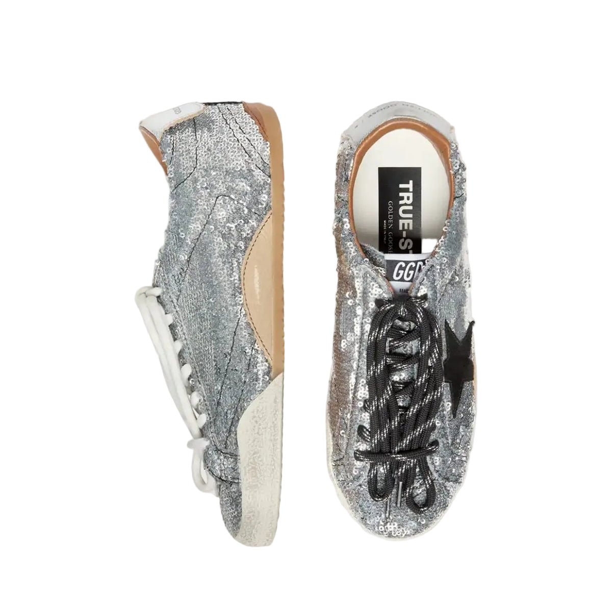 Golden Goose woman's True-Star in silver sequins with black star and silver leather heel tab