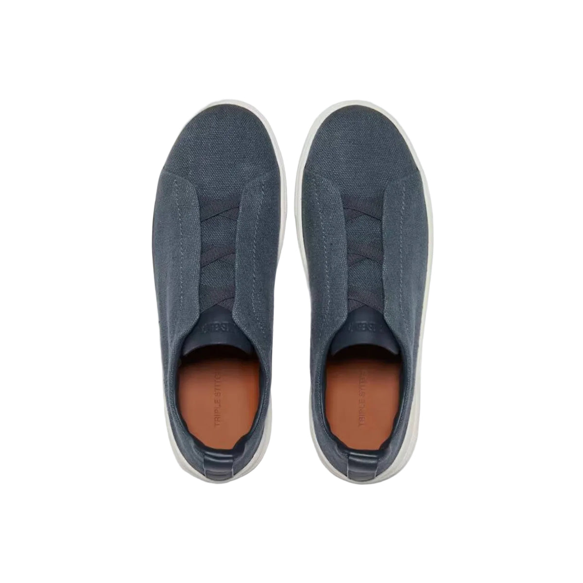 Zegna Dark Teal Blue Cotton Linen and Leather Triple Stitch Sneakers