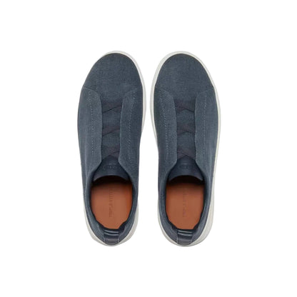 Zegna Dark Teal Blue Cotton Linen and Leather Triple Stitch Sneakers