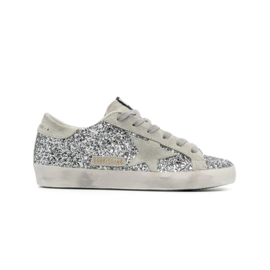 Golden Goose Women's Super-Star in silver glitter with ice-gray suede star