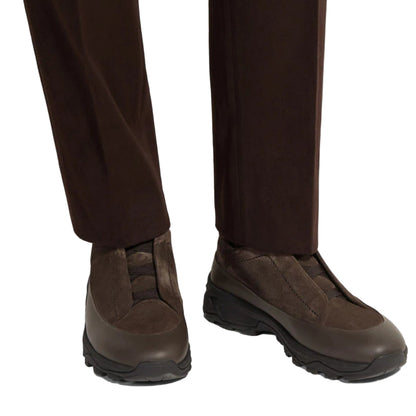 Zegna Dark Brown leather and suede triple stitch mont sneakers