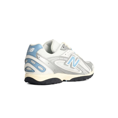 New Balance 204L sneaker in the silver metallic and sky blue colorway, highlighted by its distinctive bright blue