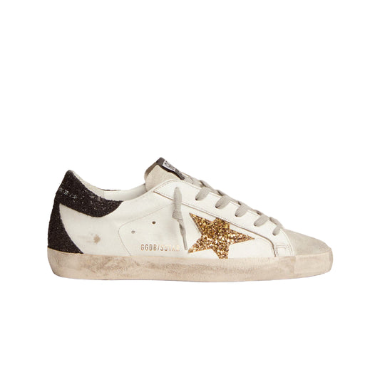 Golden Goose Women’s Super-Star in nappa leather with gold glitter star and black glitter heel tab
