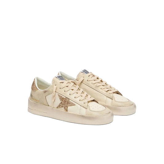Golden goose Women’s Stardan in ecru nappa leather with gold glitter star and heel tab