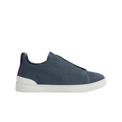 Zegna Dark Teal Blue Cotton Linen and Leather Triple Stitch Sneakers