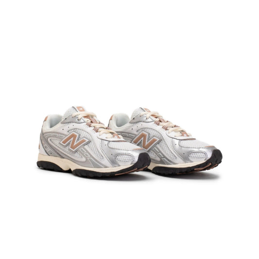 New Balance 204L in Silver Metallic and Flat Taupe, featuring a breathable mesh