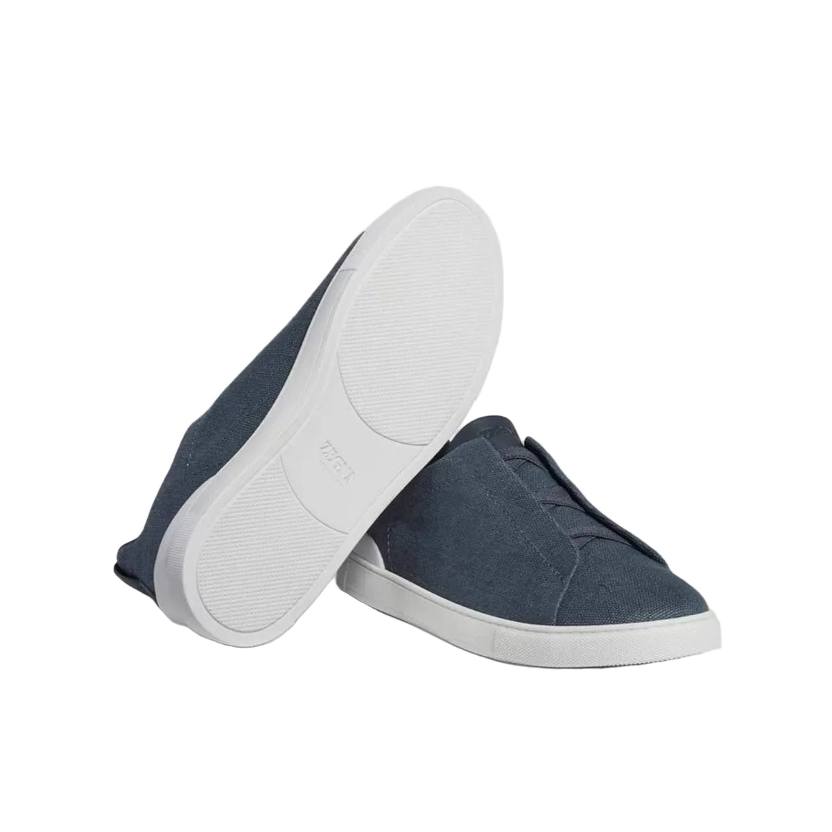 Zegna Dark Teal Blue Cotton Linen and Leather Triple Stitch Sneakers