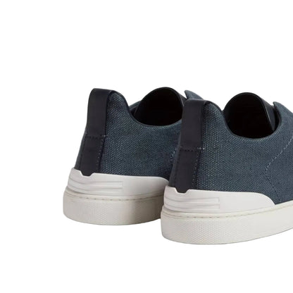 Zegna Dark Teal Blue Cotton Linen and Leather Triple Stitch Sneakers