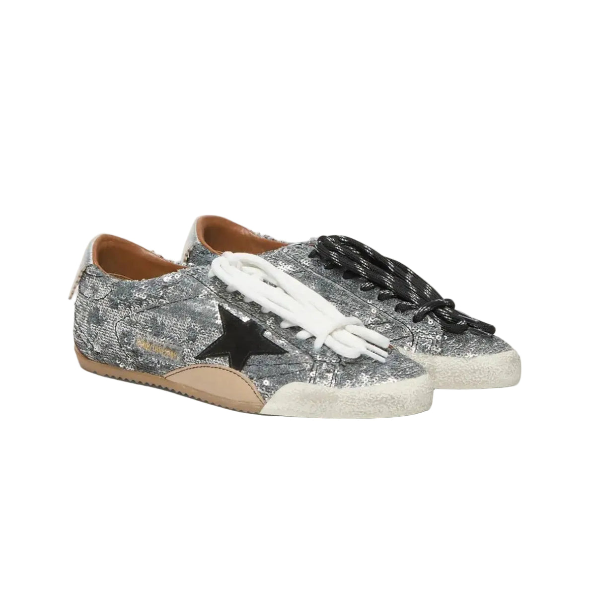 Golden Goose woman's True-Star in silver sequins with black star and silver leather heel tab