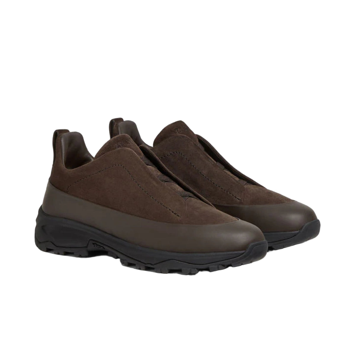 Zegna Dark Brown leather and suede triple stitch mont sneakers