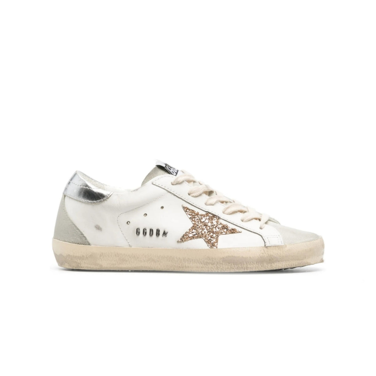 Golden Goose Women's Super-Star with gold glitter star and ice-gray suede inserts