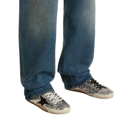 Golden Goose woman's True-Star in silver sequins with black star and silver leather heel tab
