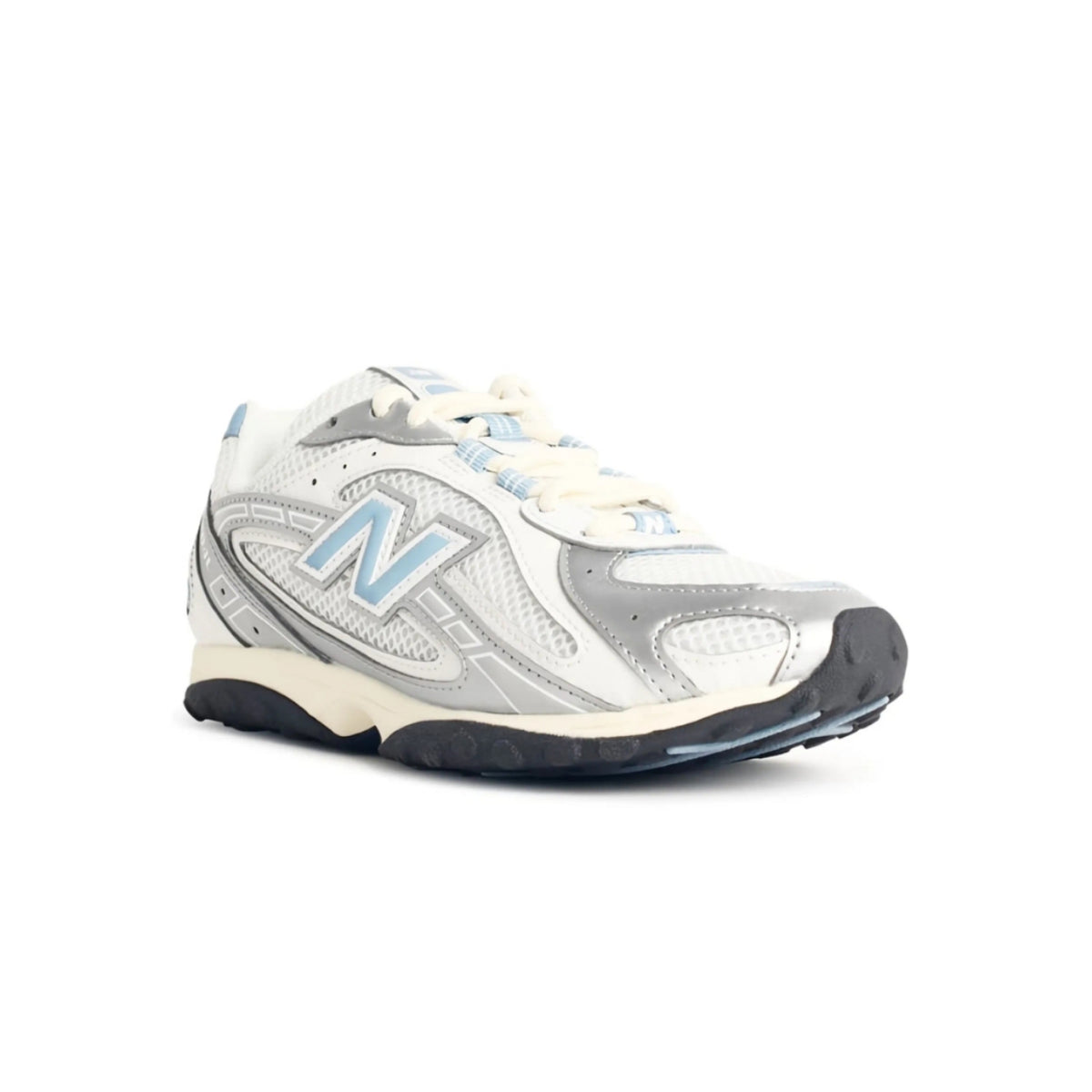 New Balance 204L sneaker in the silver metallic and sky blue colorway, highlighted by its distinctive bright blue