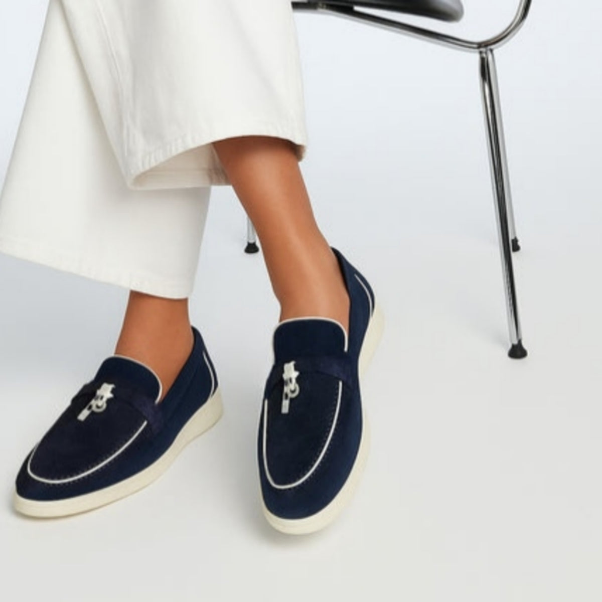 Loro piana navy blue suede summer charms walk loafers