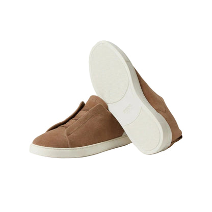 Zegna Dark Beige Suede Triple Stitch Sneakers