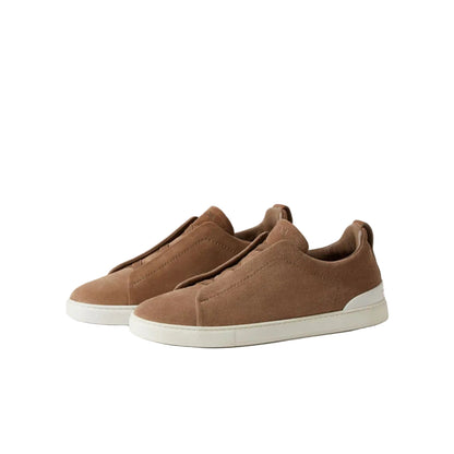 Zegna Dark Beige Suede Triple Stitch Sneakers