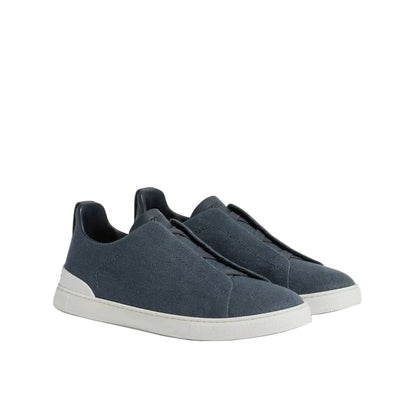 Zegna Dark Teal Blue Cotton Linen and Leather Triple Stitch Sneakers